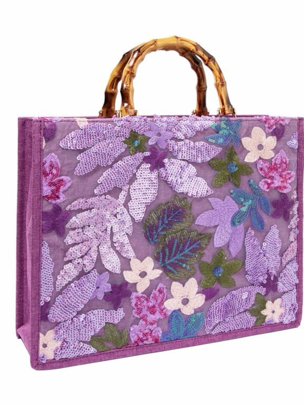 Vintage Purple Floral Sequin Tote with Bamboo Handle - Picture 3 of 5